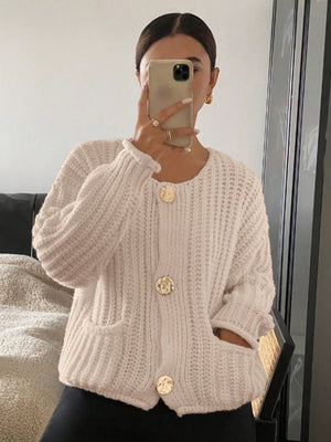 Three-button Pocket Round Neck Long Sleeve Cardigans