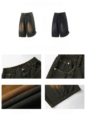 Distressed Washed Gathering 7 Points Denim Shorts
