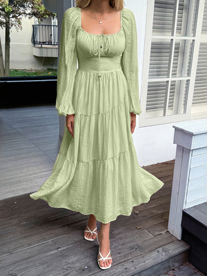 Straps Puff Sleeve U-neck Long Sleeve Maxi Dresses