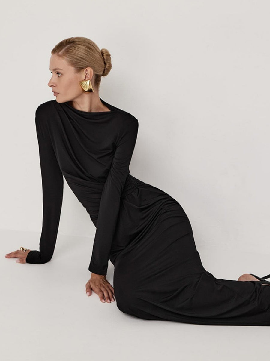 Hip-wrapped Long-sleeved Twisted Long Dress