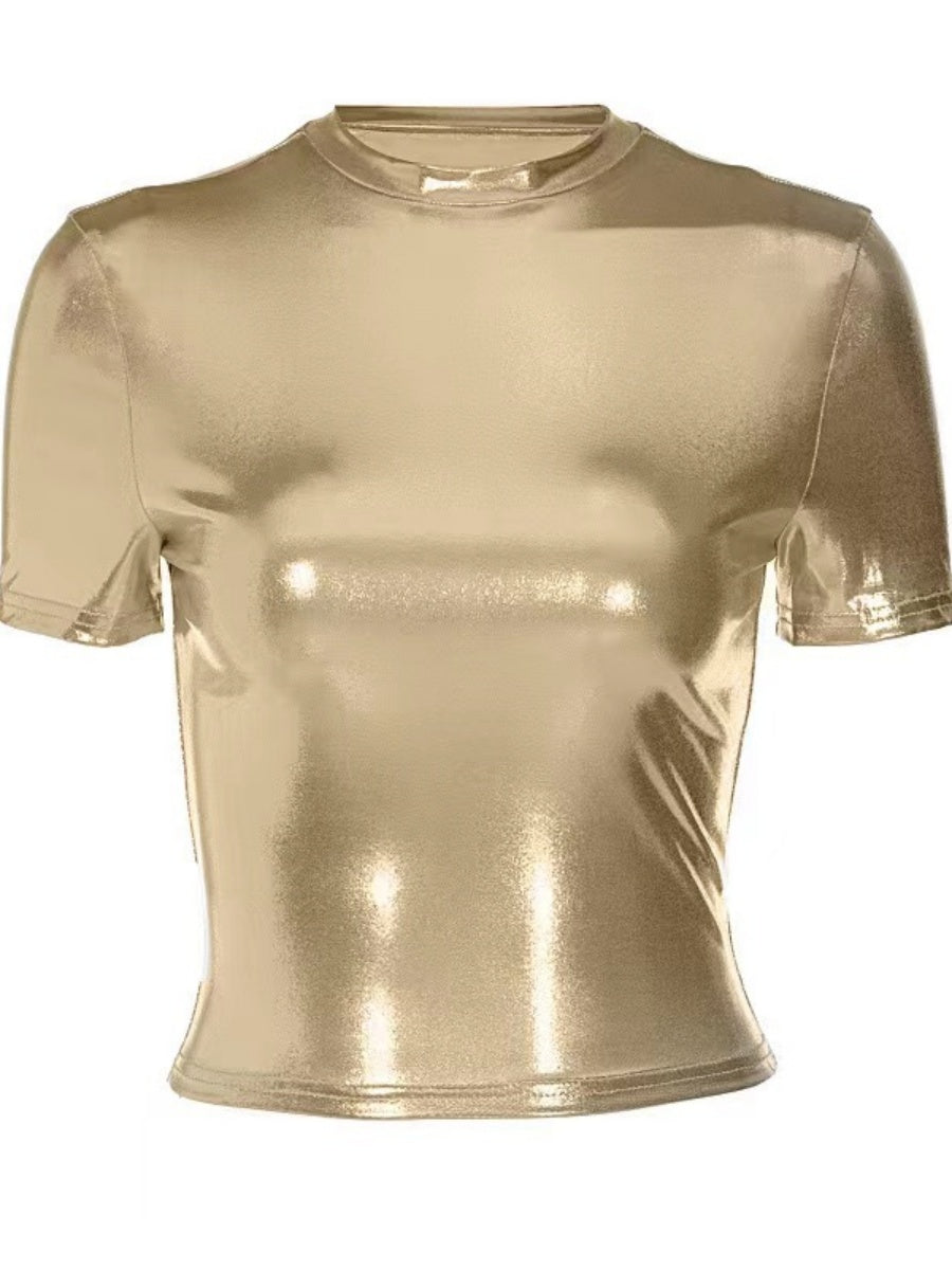 Metallic Color Crew Neck Short Sleeve Tight Fit T-shirts