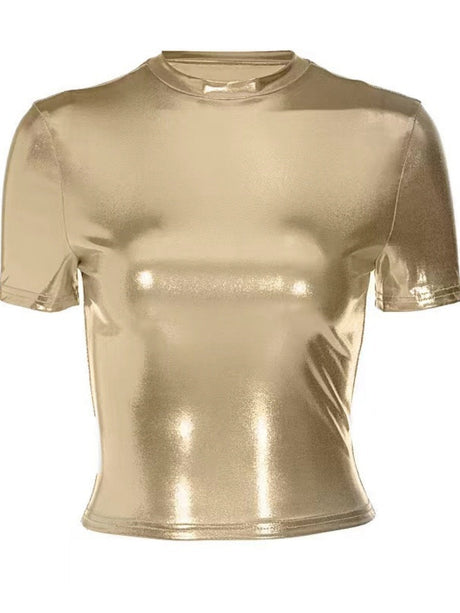 Metallic Color Crew Neck Short Sleeve Tight Fit T-shirts