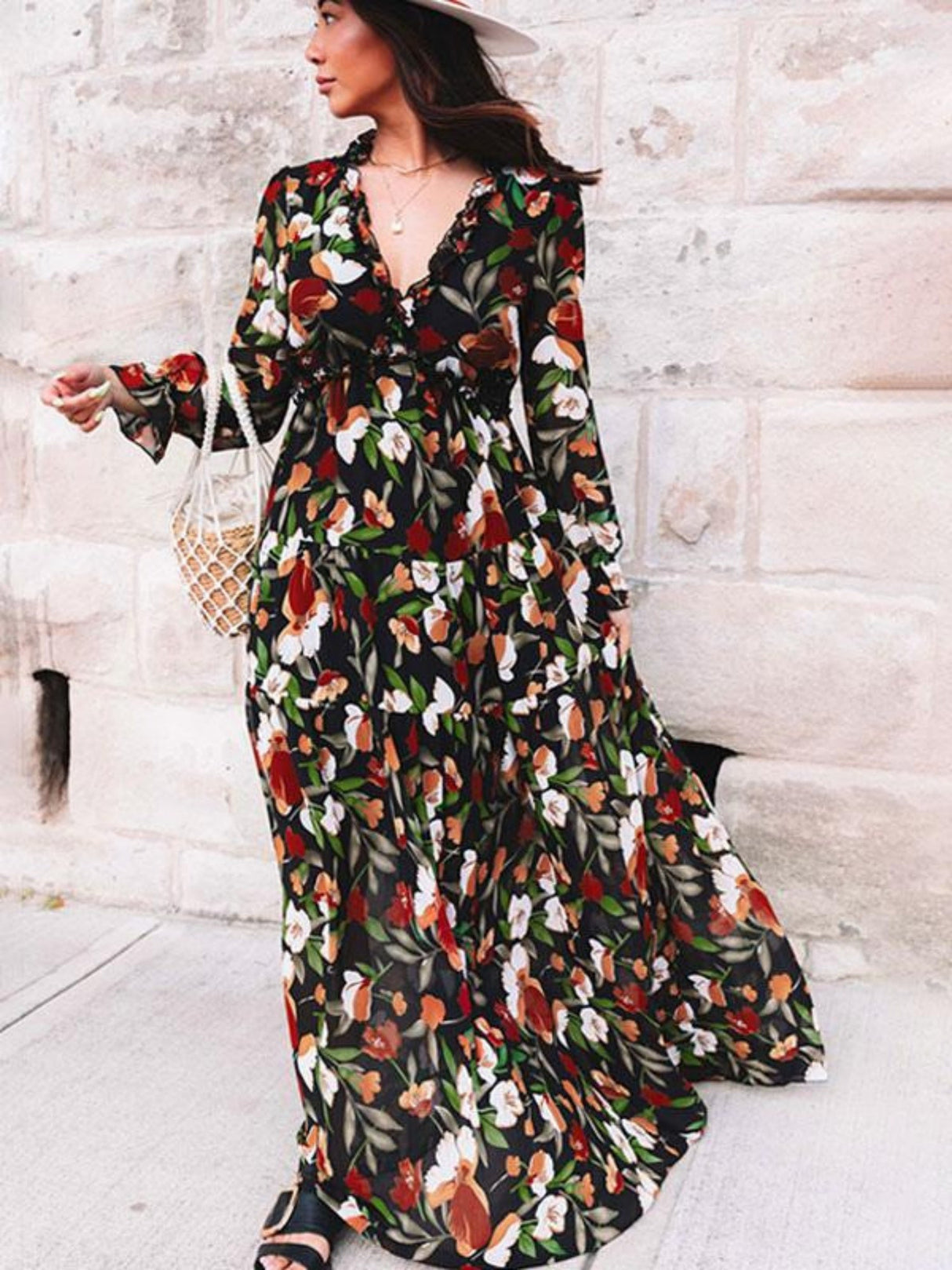 Robes maxi à imprimé floral, col en V et manches lanternes