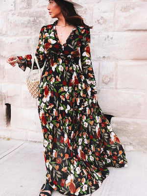 Robes maxi à imprimé floral, col en V et manches lanternes