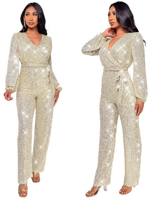 Deep V Long Sleeve Belt Sequins Jumpsuit
