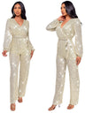 Deep V Long Sleeve Belt Sequins Jumpsuit