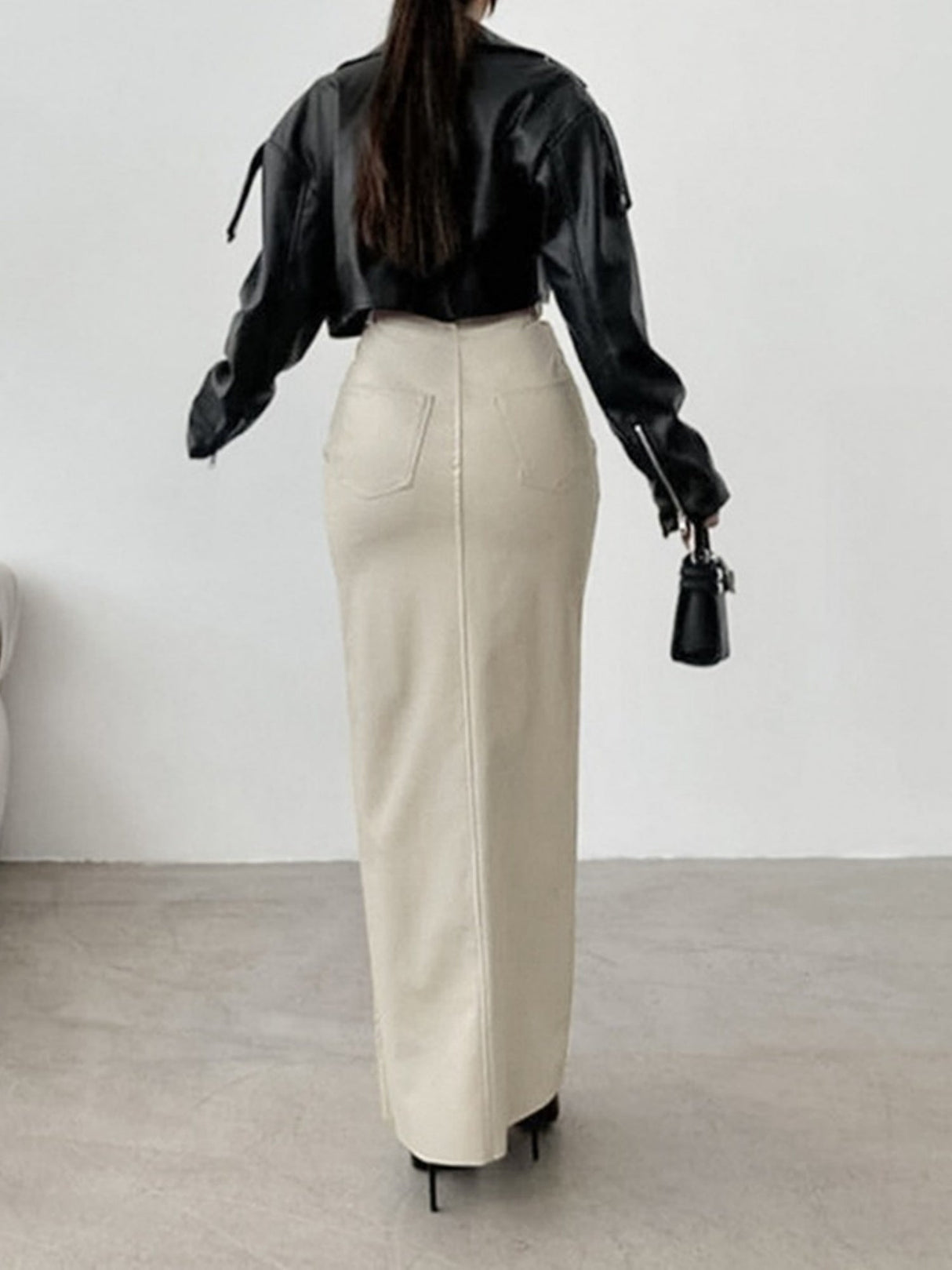 Leather Stitching High-waisted Slim Fit Hip Body Slit Long Skirts