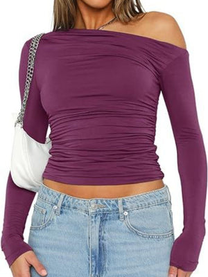 Y2K Asymmetrical Sloping Shoulders Crop Top Long Sleeves T-shirts