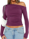 Y2K Asymmetrical Sloping Shoulders Crop Top Long Sleeves T-shirts