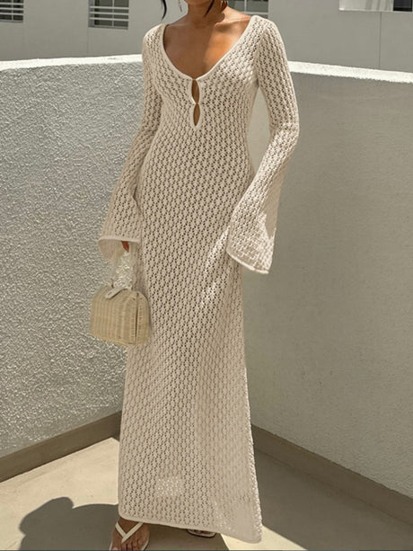 V-neck Round Button Long-sleeved Vacation Maxi Dress/beach Wear