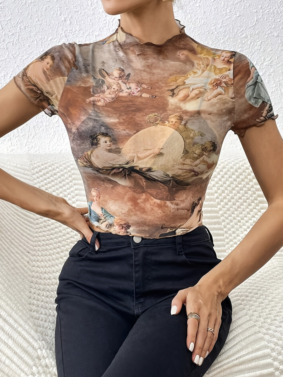 Printed Short Sleeve Mesh Sheer Tops