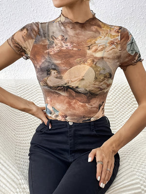 Printed Short Sleeve Mesh Sheer Tops