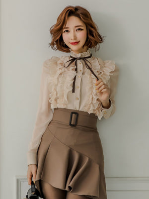 Elegant Two-piece Set: Stand-up Collar Sheer Blouse And Ruffled Skirt.