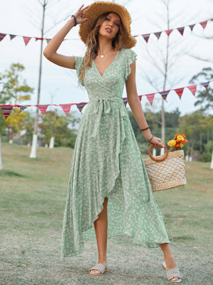 Wrap-up V-neck Bandage Asymmetrical Skirt Vacation And Leisure Maxi Dresses