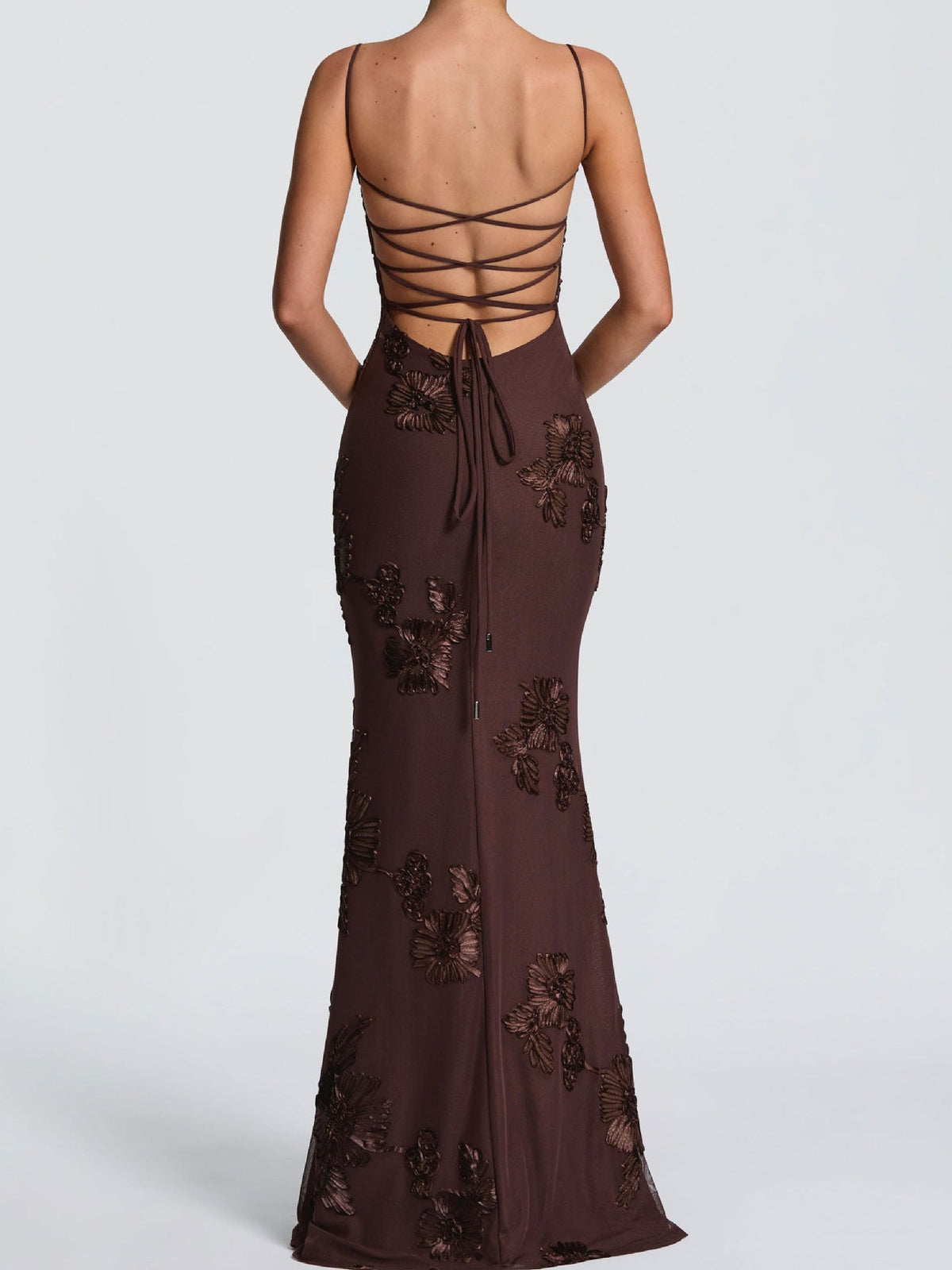 3D Embroidered Backless Cross-Strap Spaghetti Strap Long Dress