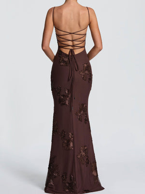 3D Embroidered Backless Cross-Strap Spaghetti Strap Long Dress