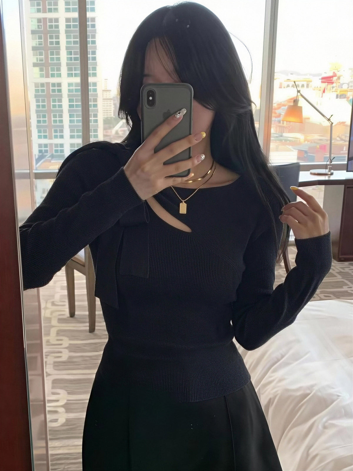 Wool Shoulder Strap Bow Openwork Asymmetrical Neck Long-sleeved Sweater