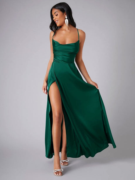 Backless Bandage Draped Collar Satin High Slit Bridesmaid Dresses Cocktail Party Maxi Dresses