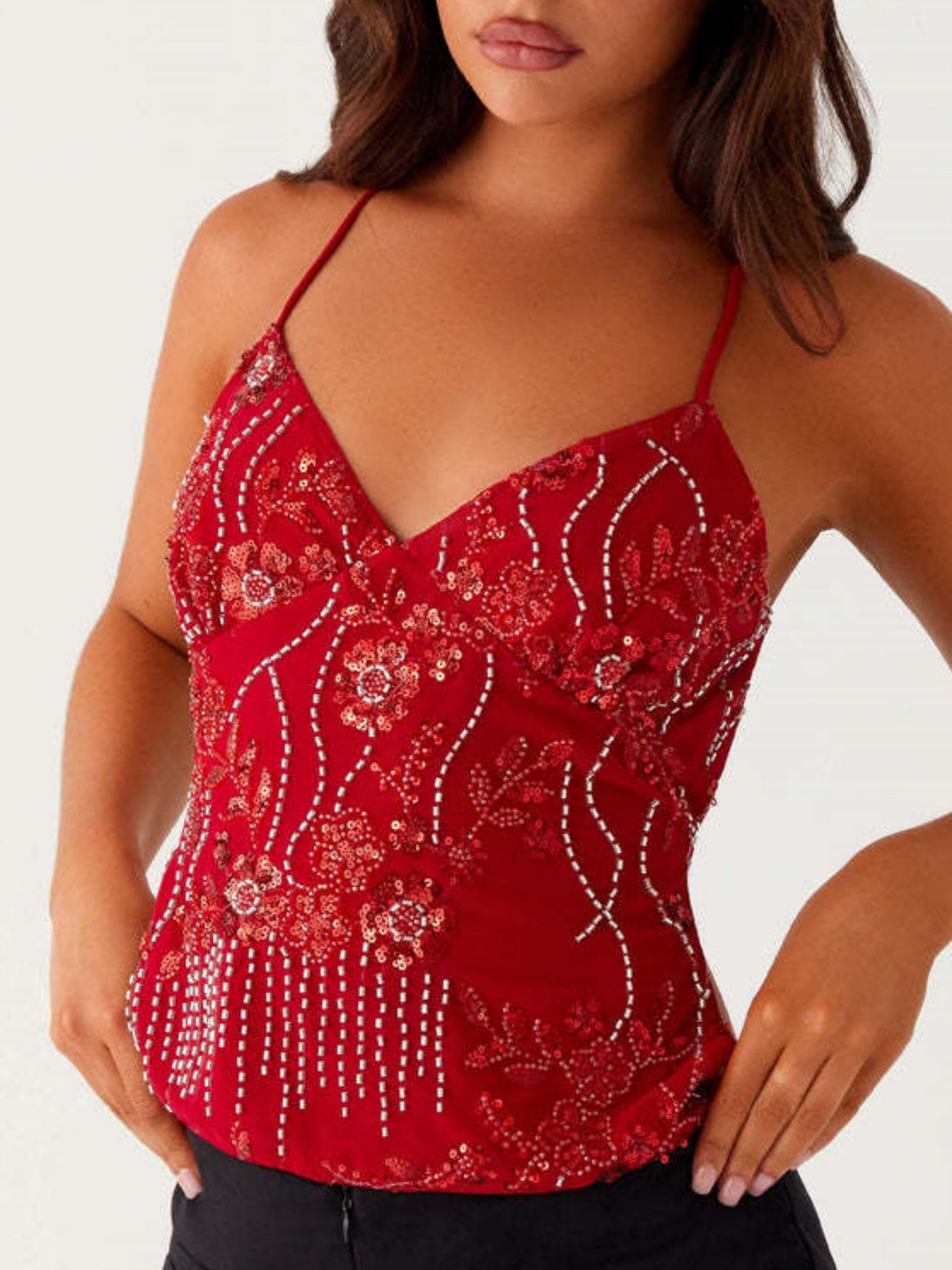 Embroidered Sequins Color Matching Strappy Backless Sweet Tank Tops&Camis