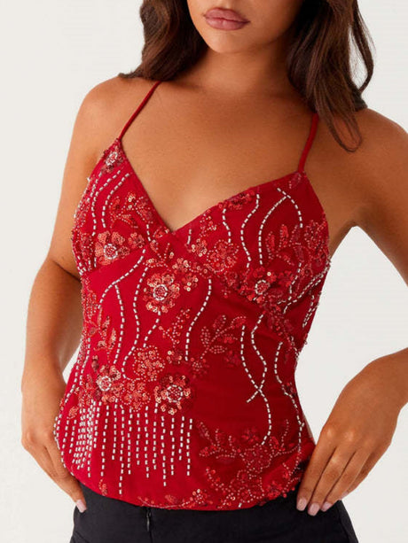 Embroidered Sequins Color Matching Strappy Backless Sweet Tank Tops&Camis