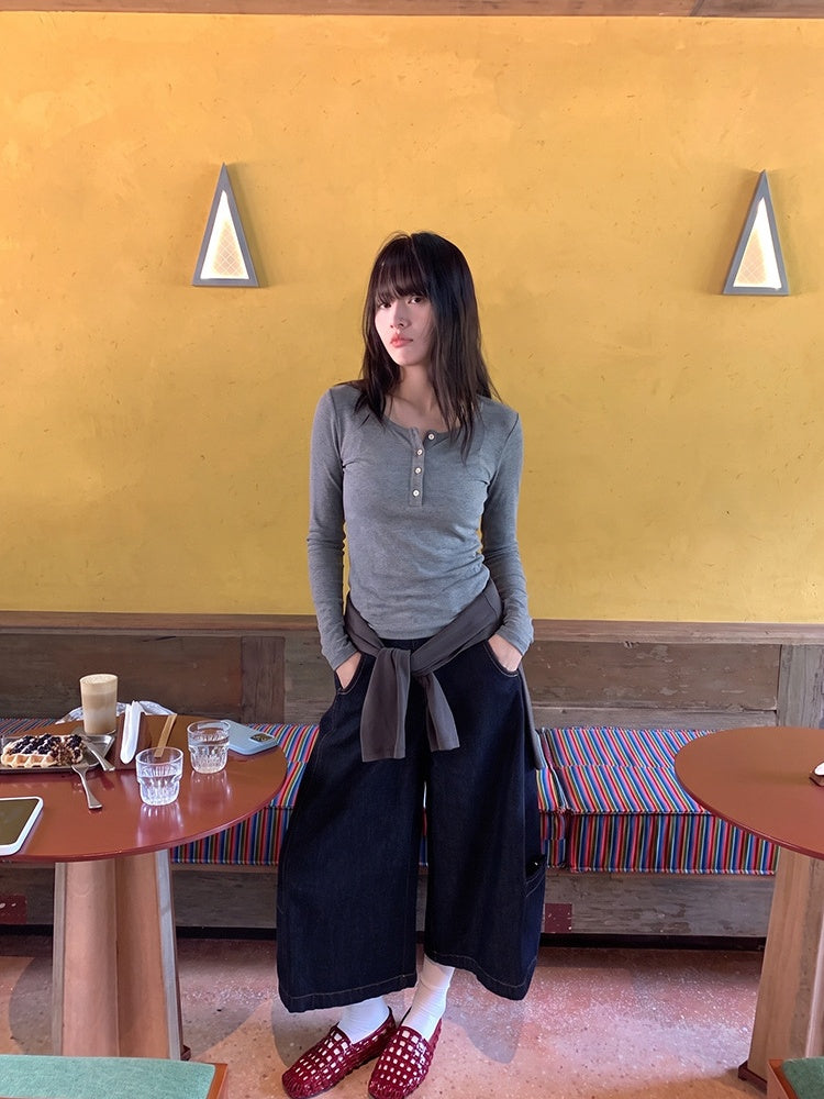 Korean Style Henley Collar Top With Straight Shoulders