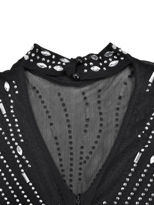 Robe maxi brillante à manches longues en résille et strass, idéale pour les soirées