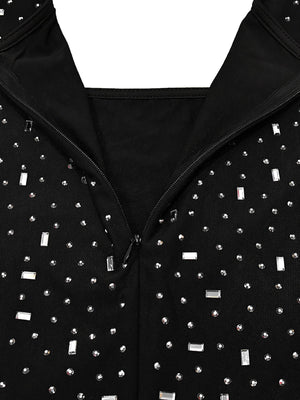 Strassbesetzte, lange Ärmel, eckiger Kragen, glänzende Party-Maxikleider