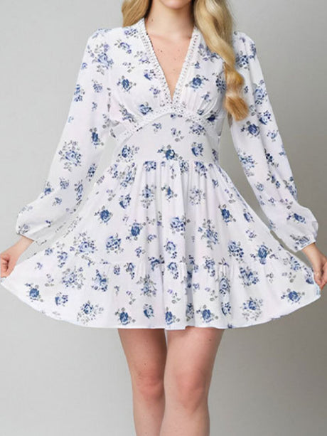 Floral Lace Deep V-neck Waist Puff Sleeve Sweet Mini&Short Dresses