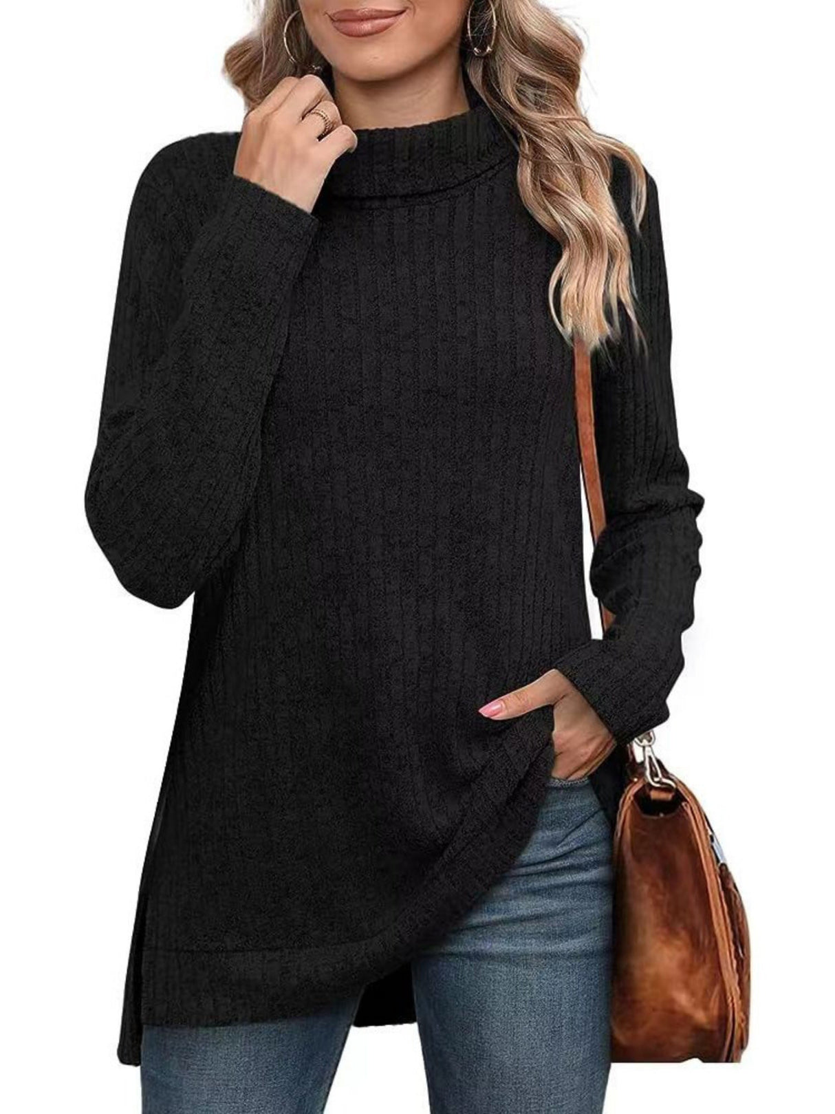 Threaded Groove Strip High Neck With Slits Long Sleeves T-shirts
