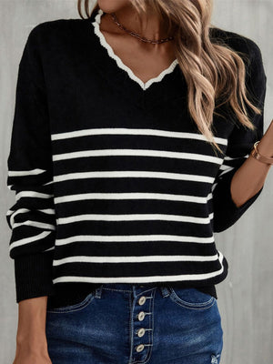 Stripes V-neck Color Matching Knitted Sweater