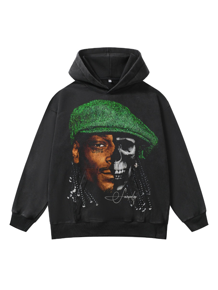 Printed Washing Knitted Hooded Sweatshirt