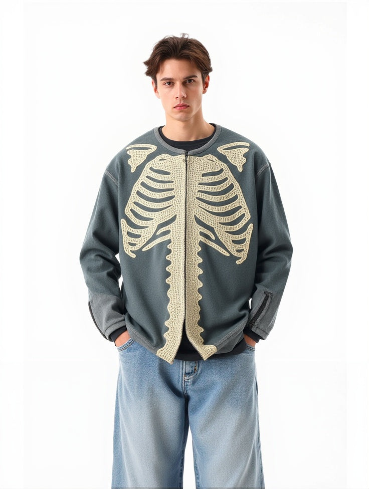 Old Skeleton Denim Shirt Washing Embroidery Knitted Cardigan Jacket