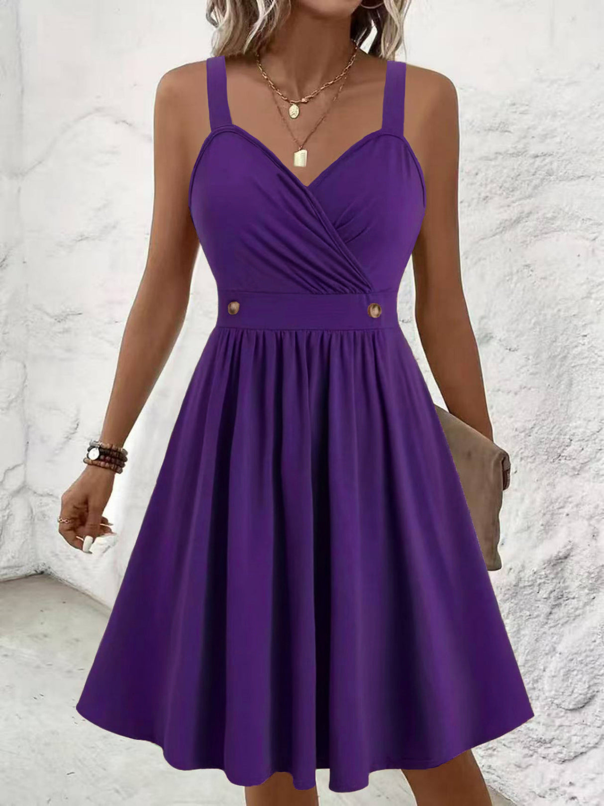 Solid Color Button Short Dress