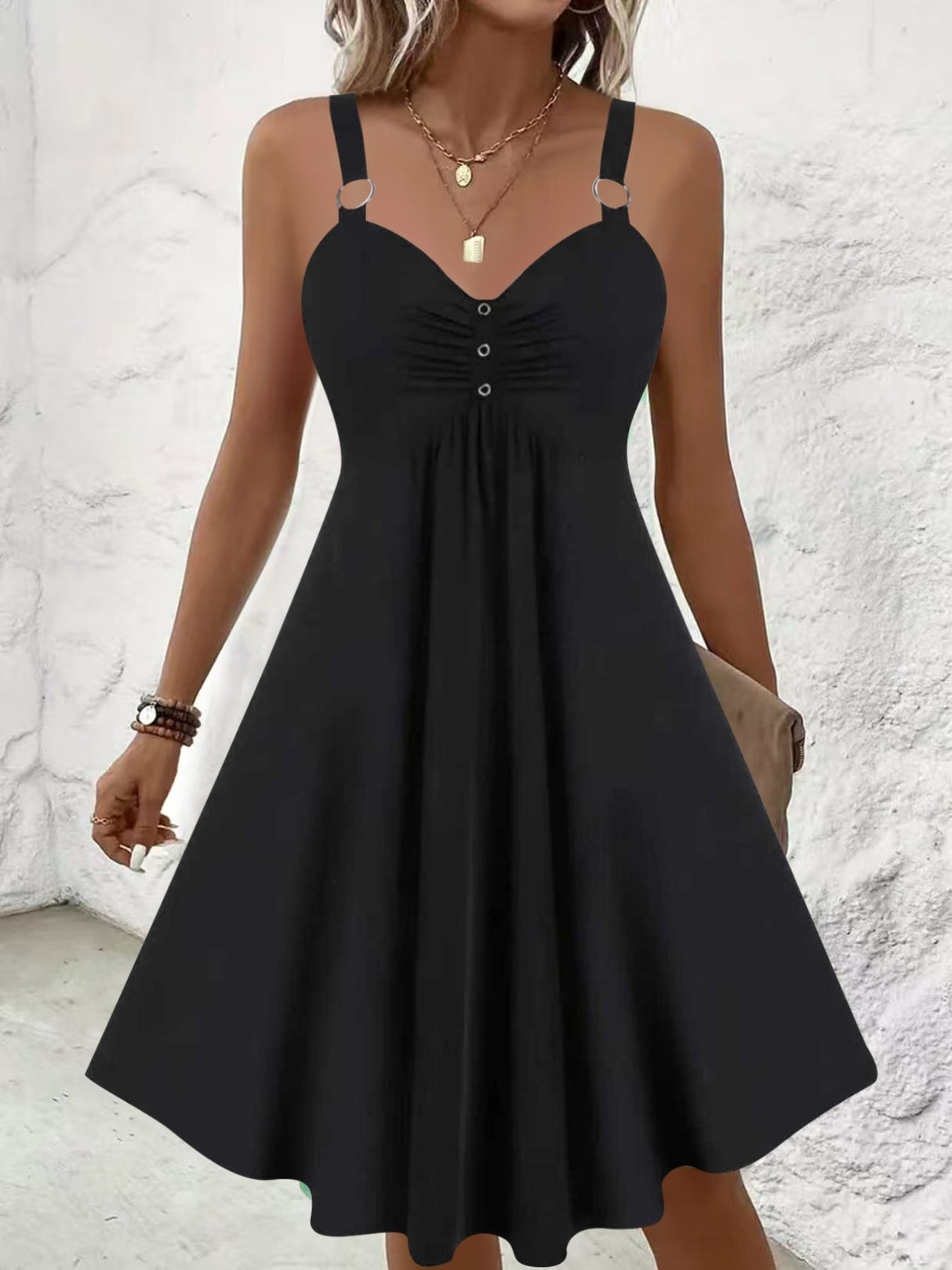 Solid Color Pleated Short Dress