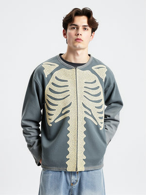 Old Skeleton Denim Shirt Washing Embroidery Knitted Cardigan Jacket