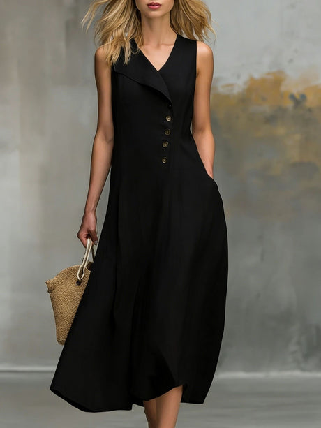 Solid Color Button Midi Dress For Women