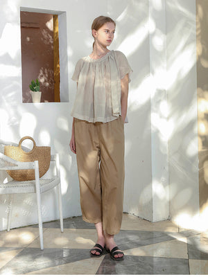 100% Cotton Wide-leg Cropped Trousers With Pockets And No Stretch
