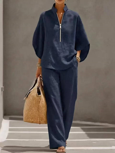 Solid Color Zipper Two-piece Set