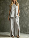 Two-piece Set With Split Pockets, Buttons, And Solid Color