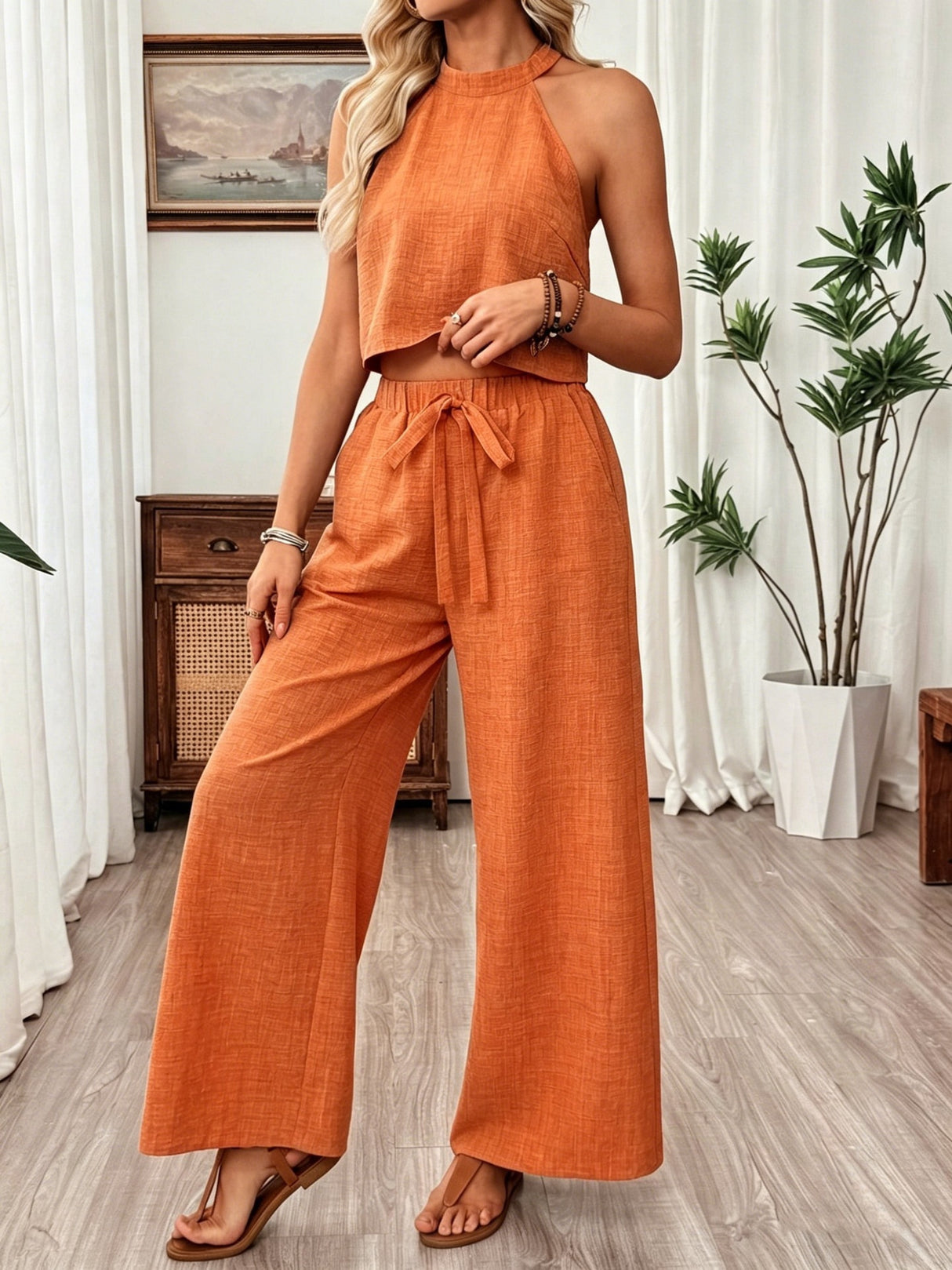 Off-shoulder Solid Color Two-piece Women's Set