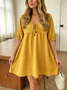 V Solid Color Short Dress With Cross-neck Tie And Bow