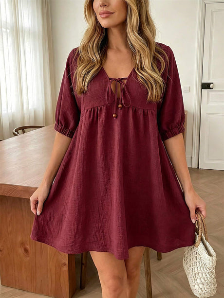 V Solid Color Short Dress With Cross-neck Tie And Bow