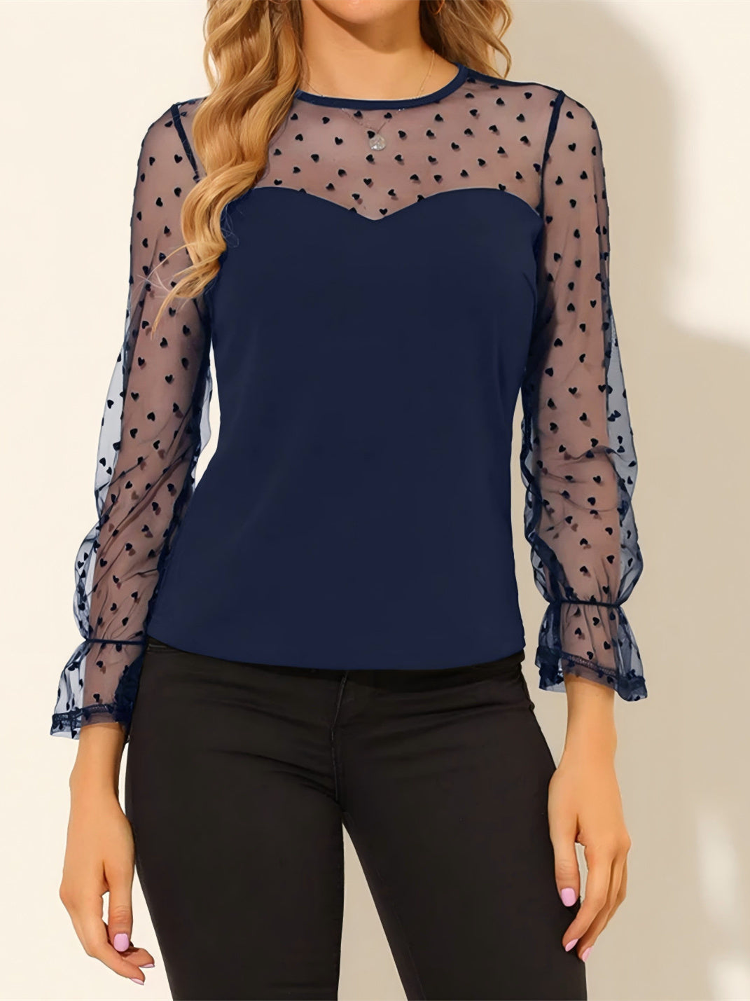 Casual And Versatile Polka Dot Sheer Mesh Top