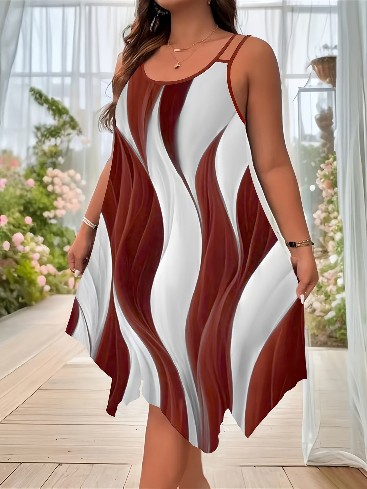 Color-blocked Printed Irregular Short Dress, Unique Design.