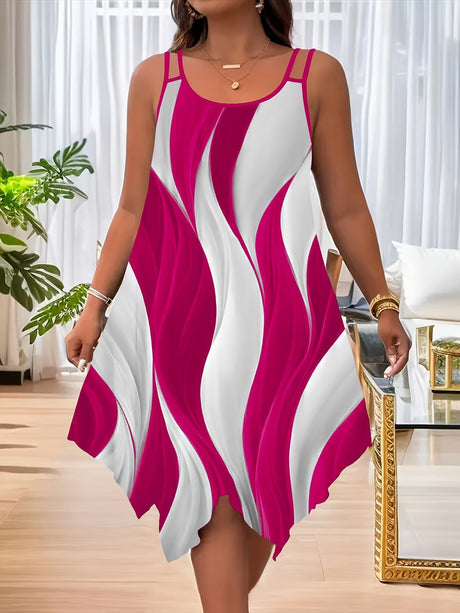 Color-blocked Printed Irregular Short Dress, Unique Design.