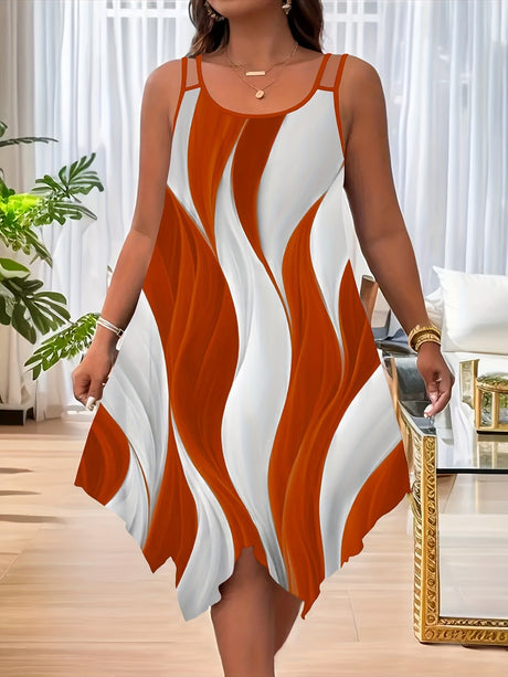 Color-blocked Printed Irregular Short Dress, Unique Design.