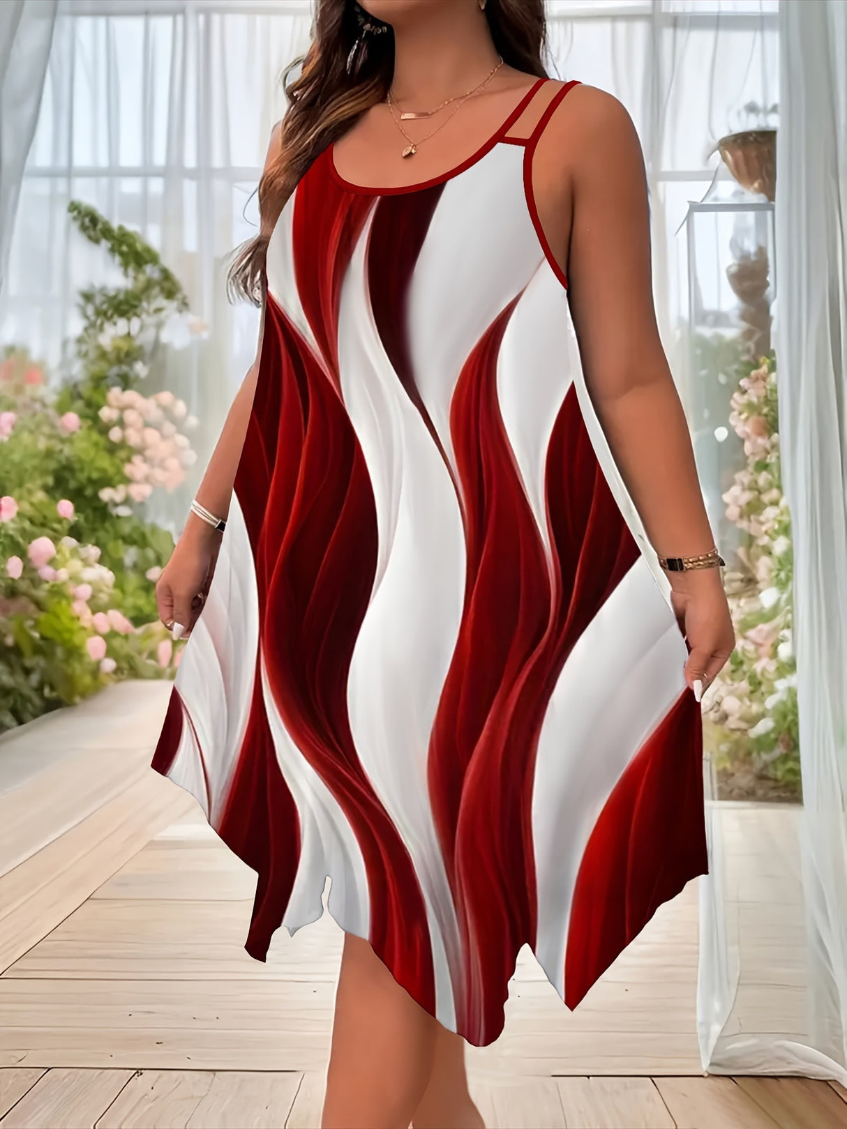 Color-blocked Printed Irregular Short Dress, Unique Design.