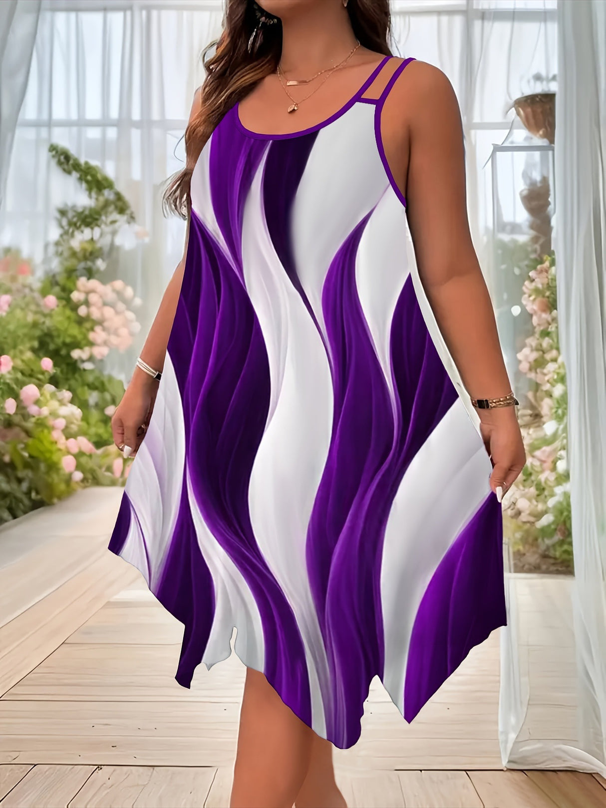 Color-blocked Printed Irregular Short Dress, Unique Design.