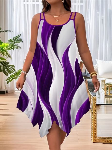 Color-blocked Printed Irregular Short Dress, Unique Design.