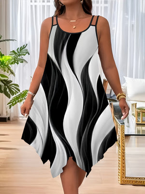 Color-blocked Printed Irregular Short Dress, Unique Design.